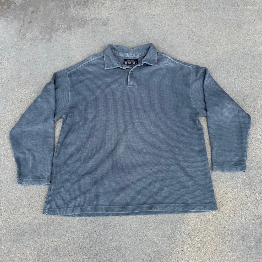 John Ashford Adventure Mens XL Blue Ribbed Long Sleeve Polo Shirt Vintage Style